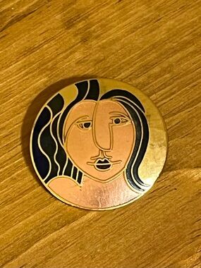 Picasso cubism inspired brooch on a gold tone backing  rollover clasp 1 3/4”